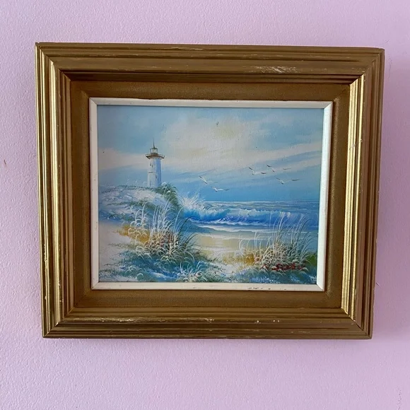 Lighthouse Beach Oil Painting MCM Oil on Canvas 1960s Retro Seagulls N Siebel - Picture 2 of 15